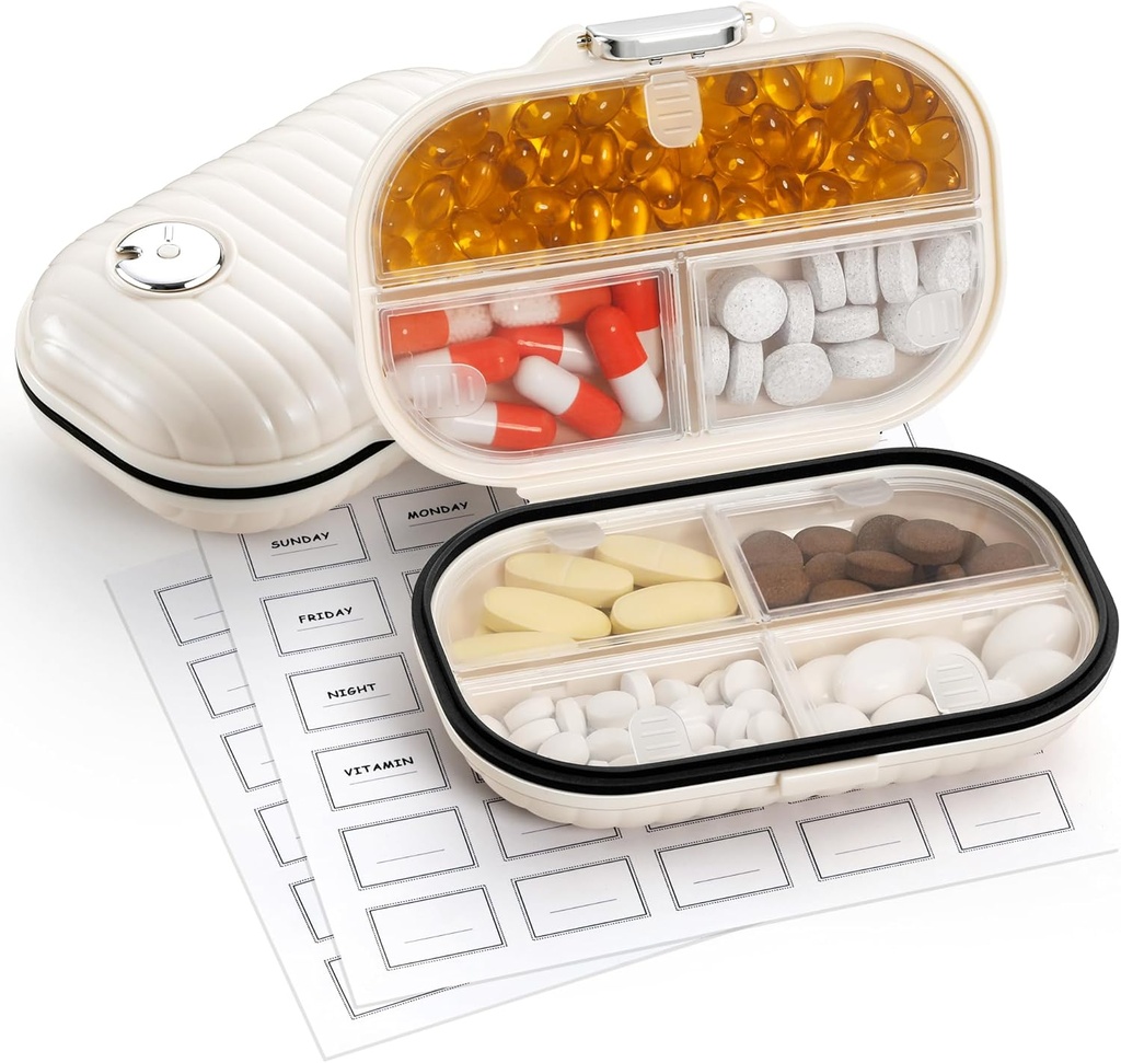 Zannaki Caja de Pill Portable Pequeño Organizador Semanal de Pill, Cute Moisture Proof Pill Box Holder para bolsa de bolsillo, Daily Mini Pocket Pharmacy Medicine Container for Vitamin, Fish Oil, Suplemento