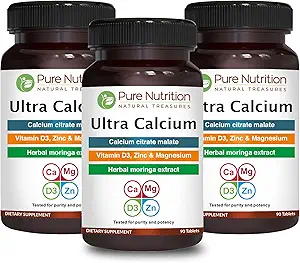 Nutrición pura Ultra Calcio 1000mg con VIT D3 + K2 TENIDO 270 Tabs (90 X Pack of 3) TENIDO Suplemento de calcio altamente absorbible con Calcio Citrate Malate, VIT D3, K2, Moringa Oleifera, Magnesio y Zinc.