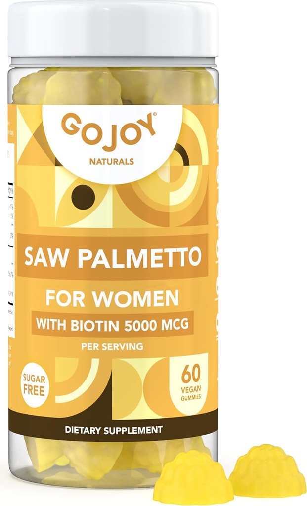 Saw Palmetto Gummies - 500mg Saw Palmetto for Women with 5000mcg Biotin & 10mg Zinc - Non-GMO, Sugar, Gluten &amp; Soy-Free, Vegan - 3rd-Party Lab Tested, 30-Day Supply, 60 Chewable Gummies
