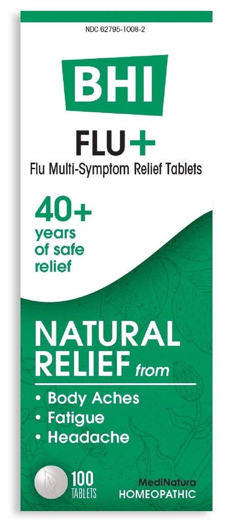 BHI Flu + Cold Multi-Symptom Relief Natural Safe No-Drowsy Remedy 11 Ingredientes activos Homeopáticos dirigidos para dolores corporales, fatiga, dolor de cabeza - 100 Tablets