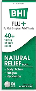 BHI Flu + Cold Multi-Symptom Relief Natural Safe No-Drowsy Remedy 11 Ingredientes activos Homeopáticos dirigidos para dolores corporales, fatiga, dolor de cabeza - 100 Tablets