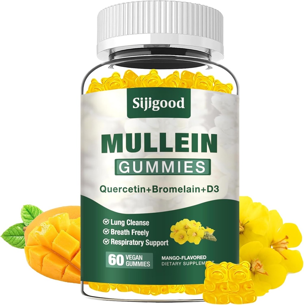 Mullein Gummies for Lungs, Mullein Leaf Extract Supplement for Digestive & Respiratory & Immune Support with Bromelain, Quercetin, Mango Flavor, 60 Count