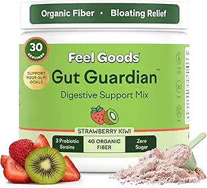 Feel Goods Gut Guardian, Fibra Orgánica, Polvo Prebiótico, Libre de Azúcar, Herbs for Bloat, Gut Health Support, Digestive Health for Men &amp; Women, Non GMO, Vegan, Strawberry Kiwi, 30 Servimientos