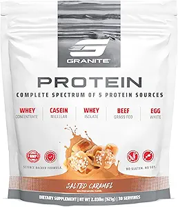 Granito de Nutrición Proteína Polvo - Premium 5-Source Blend (Whey, Casein, Egg, Grass-Fed Beef) para Lean Muscle y Recuperación - Salted Caramel Flavor, 30 Servimientos