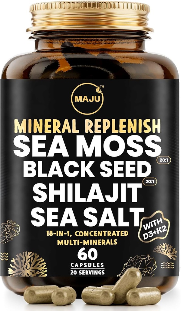 Maju Superfoods 18-in-1 Sea Moss, Black Seed, Shilajit, Sea Salt + D3 &amp; K2, Concentrated Extracts, Trace Multi Mineral Capsules, for Men &amp; Women Mineral Electrolytes Suplementos