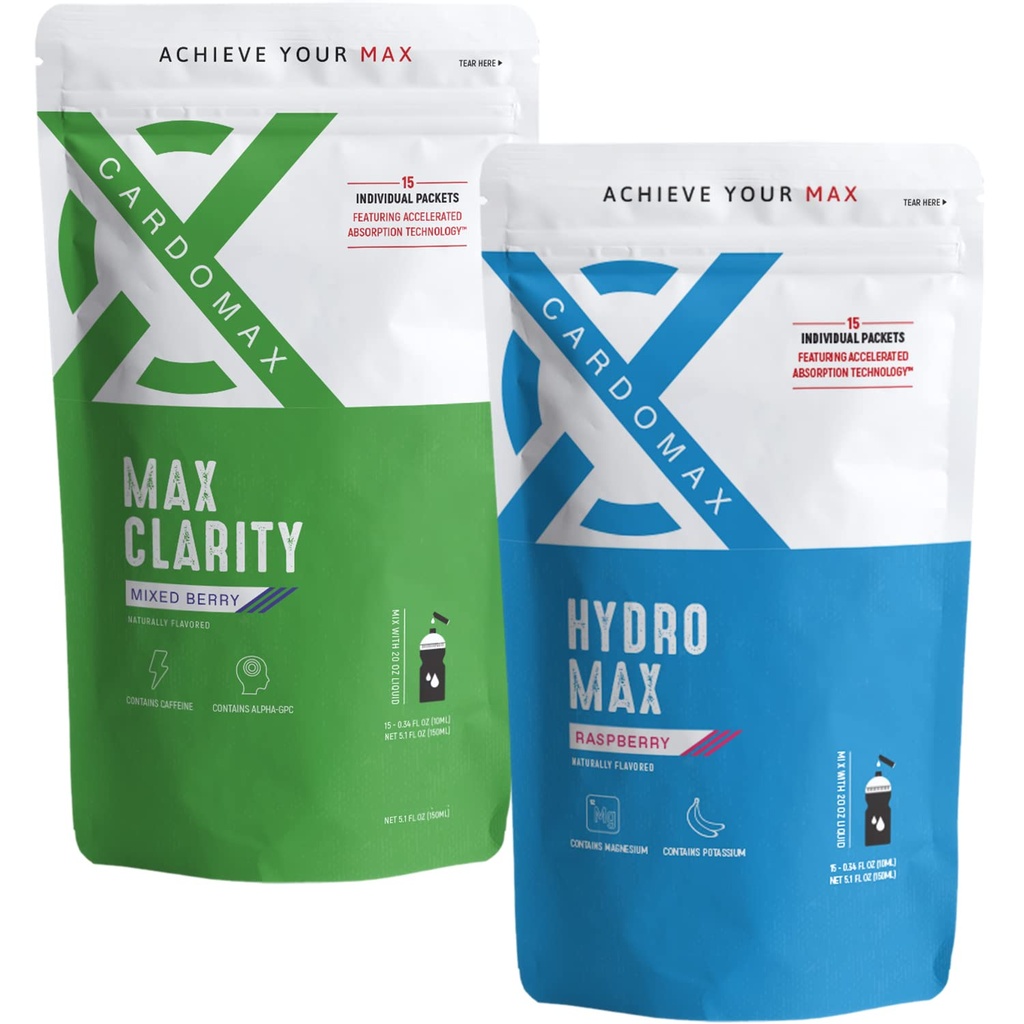 CardoMax Hydromax & Max Clarity Bundle, Hydration Packets & Liquid Nootropic Supplements 2Pack, 30 Packet Sticks