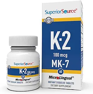 Fuente superior Vitamina K2 MK-7 (Menaquinone-7) 100 mcg - Fortaleza ósea " Apoyo a la salud Suplemento - Ayudas Función cardíaca saludable - Bariatric-Friendly - 60 Tablas sublinguales de disolución