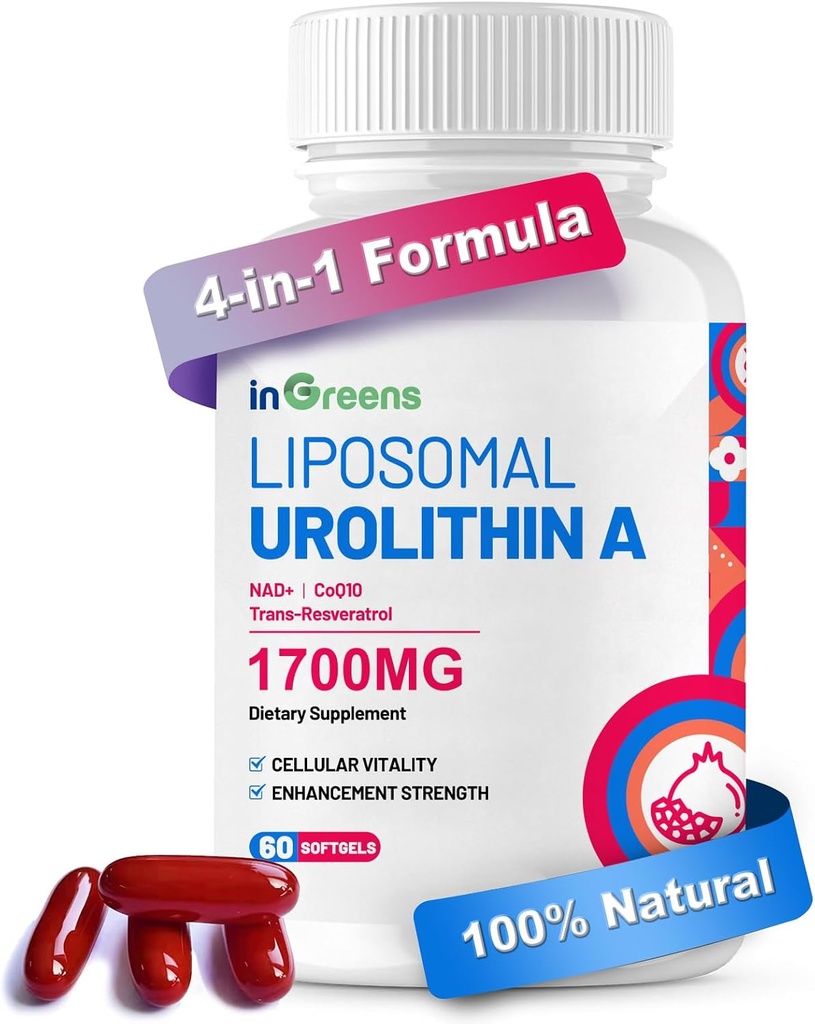 Urolithin A Supplement 1700mg with NAD+, CoQ10, Trans-Resveratrol Supplement for Men Women, 60 Softgels for Daily Health and Antioxidant Support, Muscle Energy, Healthy Aging, Highly Bioavailable