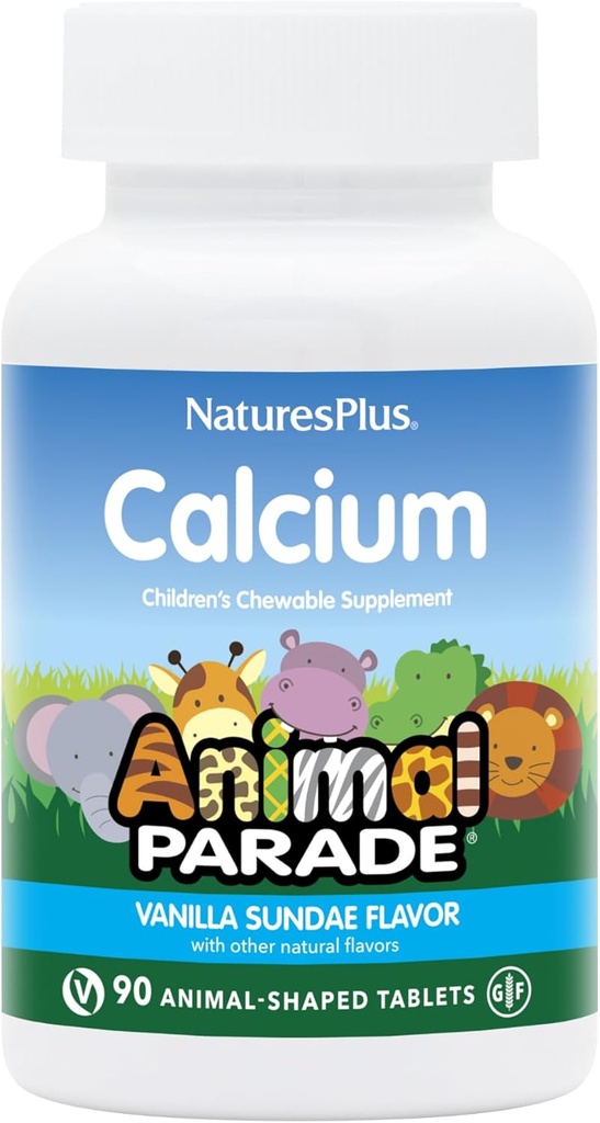 NaturesPlus Animal Parade Calcium, Vanilla Sundae Flavor - 90 Animal-Shaped Chewable Tablets - Promueve Huesos Saludables - Vegan, Gluten Gratis - 90 Total Servings