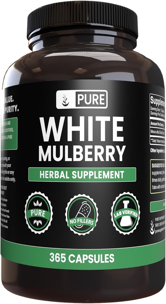 Ingredientes originales puros Mulberry blanca (365 capsules) No hay magnesio o rifles de arroz, siempre puros, lab verificados