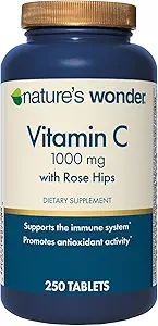 Maravilla de la naturaleza Vitamina C 1000 mg con Rosa Hips Tablas para Salud Inmune, 250 Serviciones, 250 cuentan
