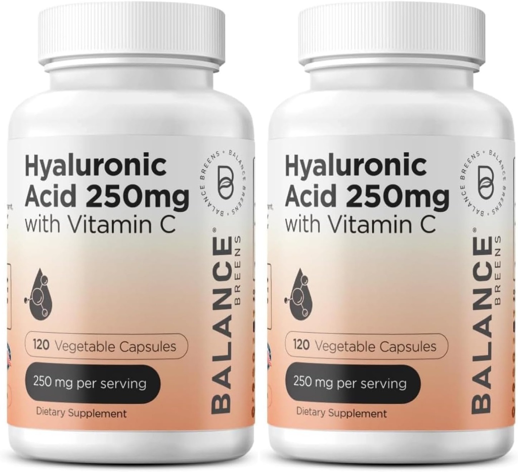 Suplemento de ácido hialurónico puro 250 mg con vitamina C 50mg, 120 cápsulas veganos - Hidratación de piel para flujo natural, cabello, uñas, bonificación &amp; fórmula de salud conjunta