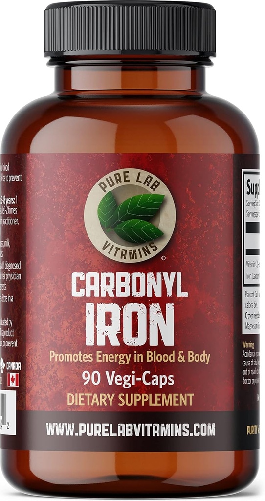 Lab Vitaminas Carbonyl Iron - 90 Caps Vegan Formulación única de hierro metálico con VIT C, Biodisponibilidad Superior - No estreñimiento, apoya la formación de células de sangre roja hecha en Canadá