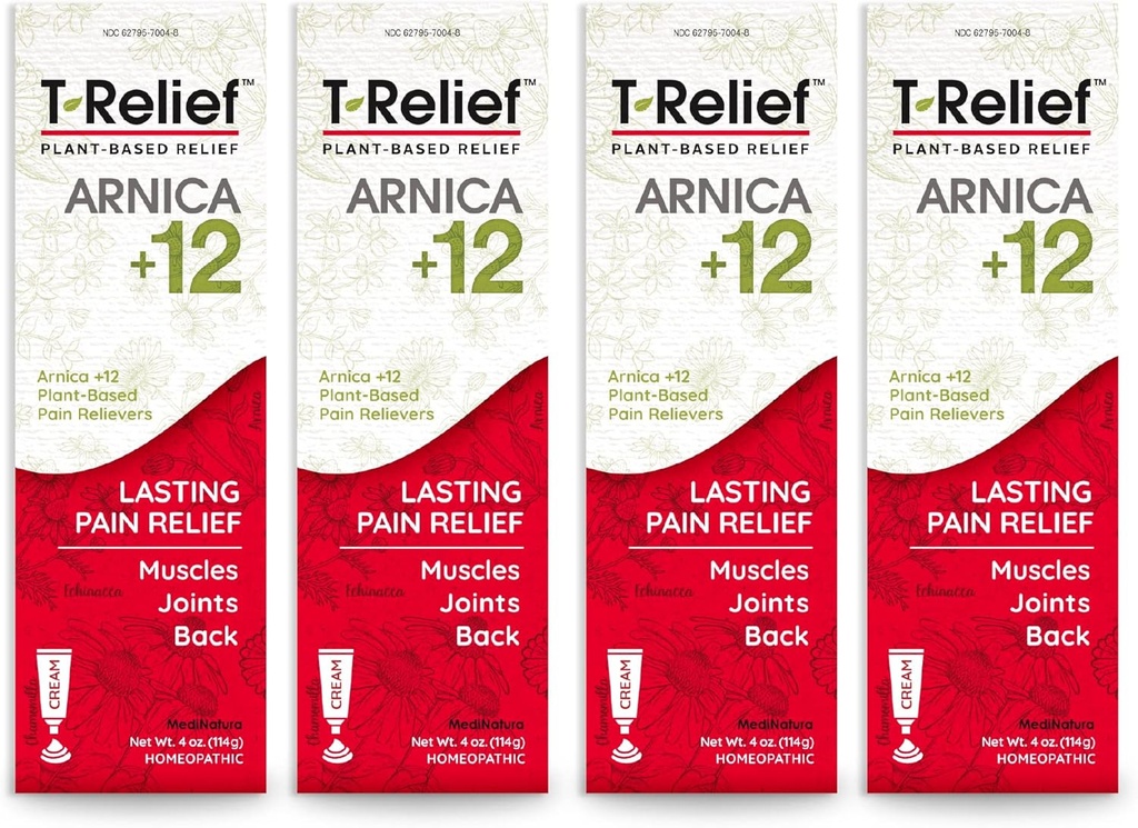 T-Relief Arnica +12 Cream Natural Relieving Actives for Back Pain Joint Soreness Muscle Aches &amp; Stiffness, Whole Body Fast Acting Relief for Women &amp; Men - 4 oz (4 Pack)