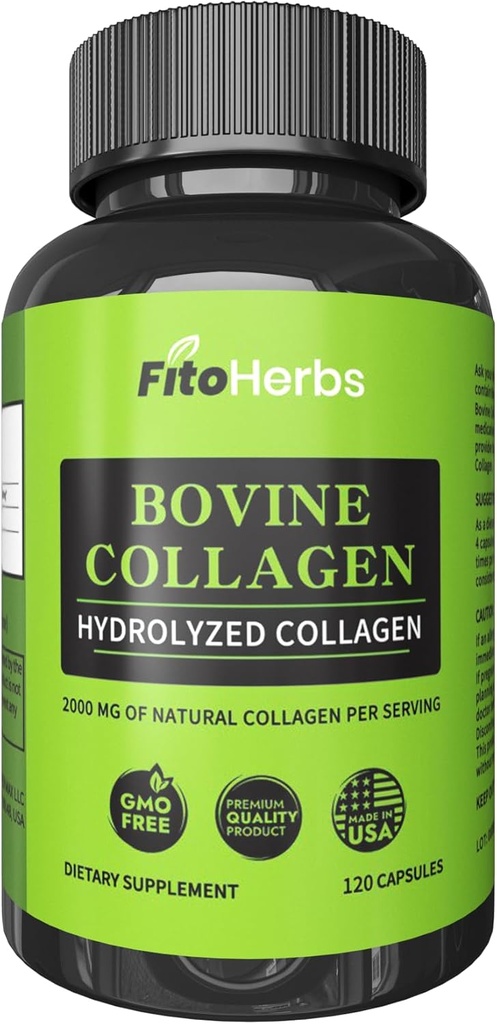 Cápsulas Vegan Bovine Collagen - Suplementos potentes para Mujeres Hombres - Hidrolyzed Bovine Collagen Peptides Suplemento para Soporte Conjunto, Nerve & Bone - Grass Fed, Non-GMO - 120 Cápsulas