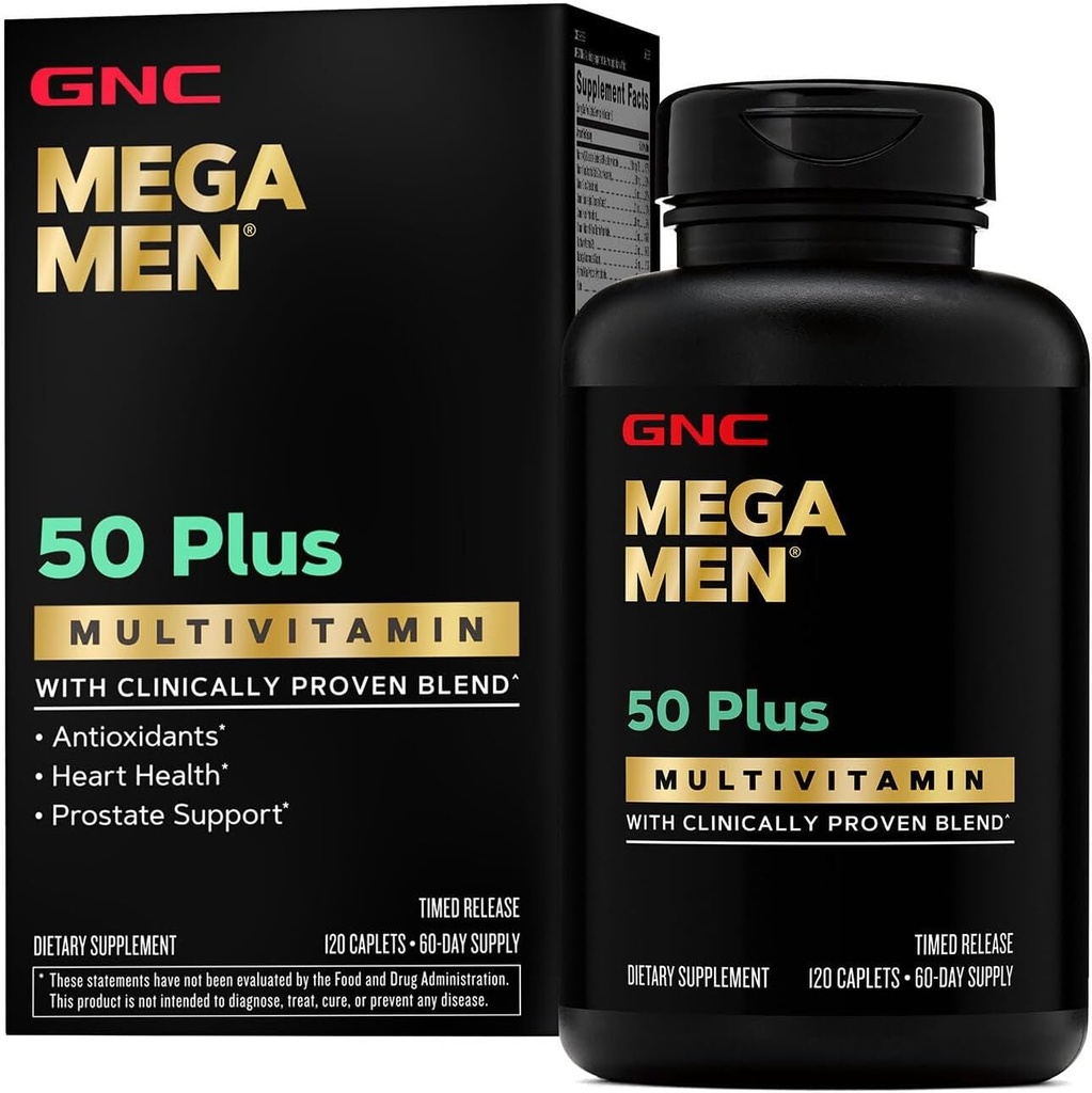 GNC Mega Men 50 Plus Caplets multivitamínicos, Salud de Prostata, Vitaminas B, Saw Palmetto, Memoria, Vitamina D-3, 120 cuentan