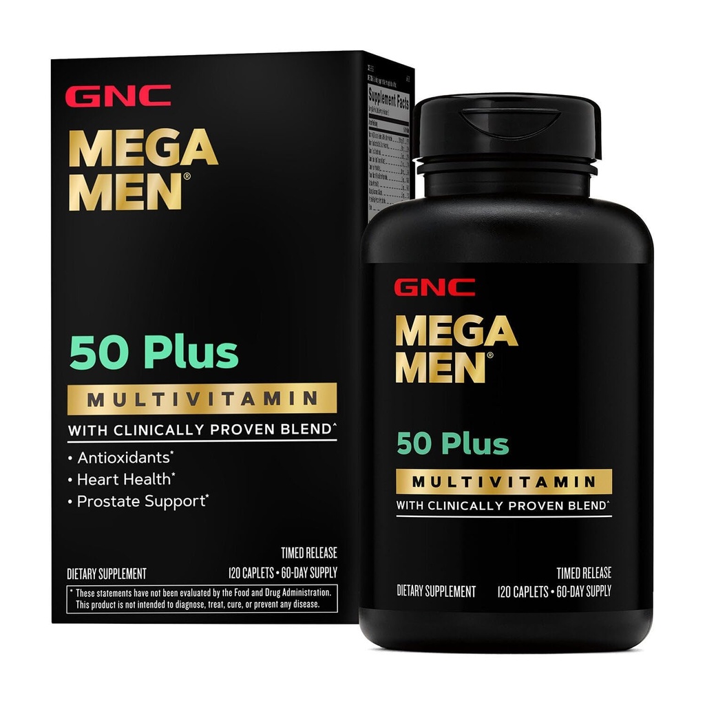 GNC Mega Men 50 Plus Caplets multivitamínicos, Salud de Prostata, Vitaminas B, Saw Palmetto, Memoria, Vitamina D-3, 120 cuentan
