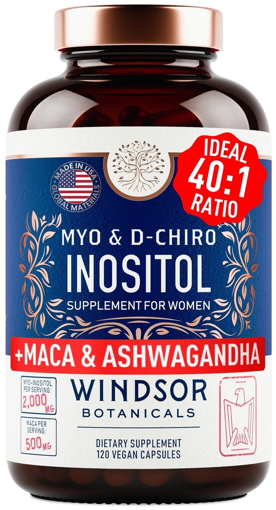 Myo y D-Chiro Inositol Suplemento 40:1 Ratio - 2.000 mg Myo-Inositol más Maca Root & Calming Ashwagandha - Healthy Ovarian Support Vitaminas y Suplementos de Fertilidad para Mujeres - 120 cápsulas Veganas
