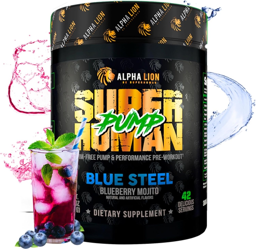 ALPHA LION Superhuman Pump Pre Workout Powder, Nootropic Caffeine &amp; Stim Free Preworkout Suplemento, Nitric Oxide Booster, Muscle Gainer, Energy & Focus (42 Servings, Blueberry Steel Flavor)