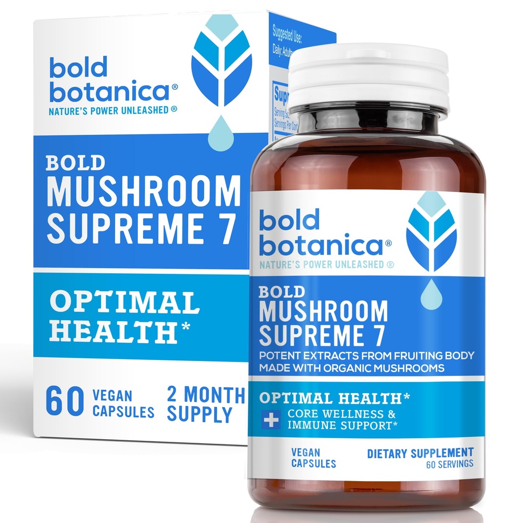 Bold Botanica Mushroom Supreme 7 – Suplemento de Mushroom – Extractos orgánicos de Turquía Tail, Chaga, Phellinus, Reishi, Cordyceps, Maitake, Shiitake para Immune Support & Optimal Wellness, 60 Caps