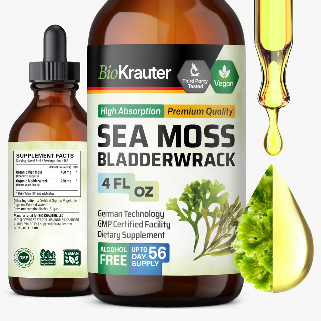 BIO KRAUTER® 2-in-1 Sea Moss Seaweed Supplement - Vegan Bladderwrack & Sea Moss Drops for Women & Men - Used for Skin, Gut & Digestive Support - Natural Сhondrus Сrispus 4 Fl.Oz.