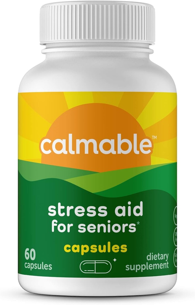 Stress Relief Aid for Seniors - Feel Happy, Calm, Focused and Relaxed - Vegan - L-Theanine, Phosphatidylserine, Ashwagandha - Anti Stress Support Vitamin Dietary Supplement - 60 Capsules