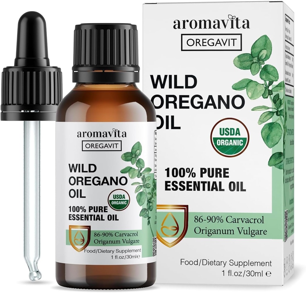 Aceite de orégano silvestre orgánico - 100% Aceite de orégano orgánico sin diluir puro con 86-90% Carvacrol, Immune Support - Planta base, Suplemento herbal - Vegan, No GMO, Gluten Free, 1fl.oz/30ml