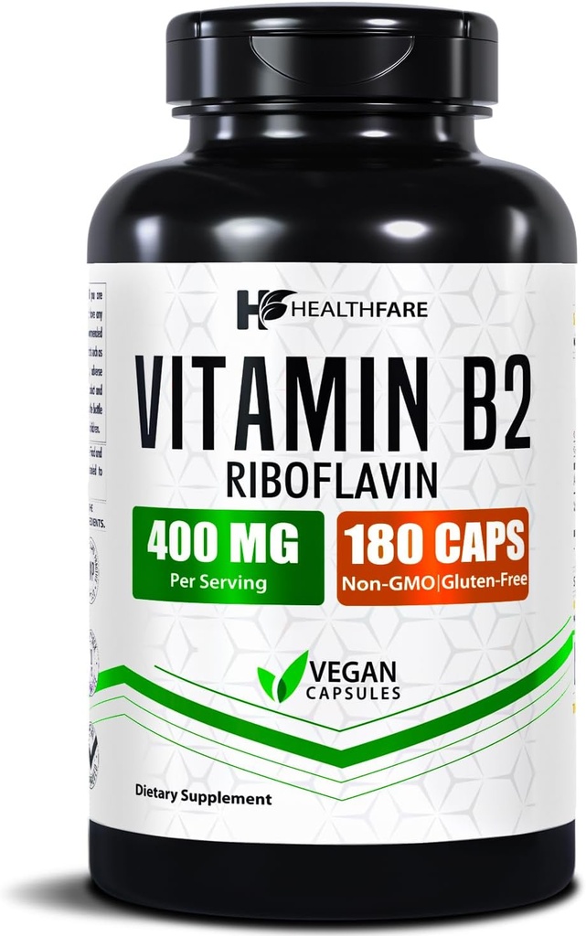 Healthfare Vitamina B2 Riboflavin 400mg Silencio 180 Veg Capsules tención Suplemento Silencio Gluten-Free ← Non-GMO