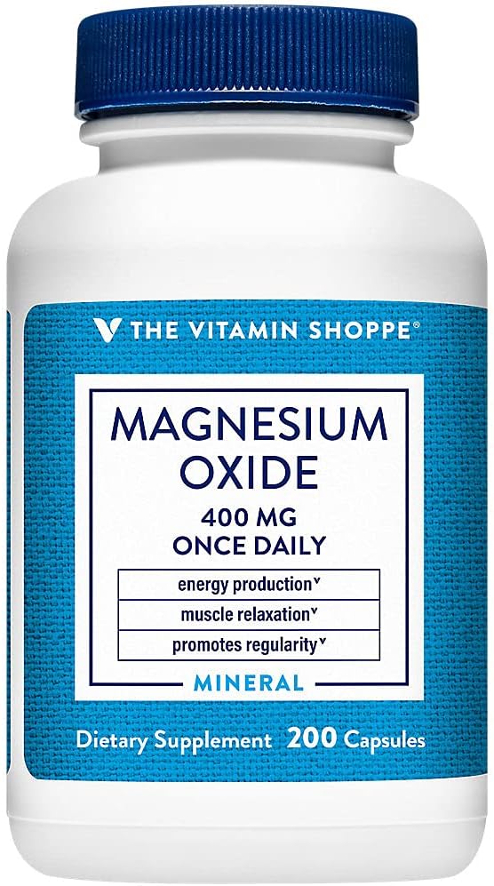 El óxido de magnesio de Vitamin Shoppe 400mg - Fórmula mineral diaria esencial para apoyar la producción de energía, relajación muscular, salud ósea y promover la regularidad digestiva (200 cápsulas)
