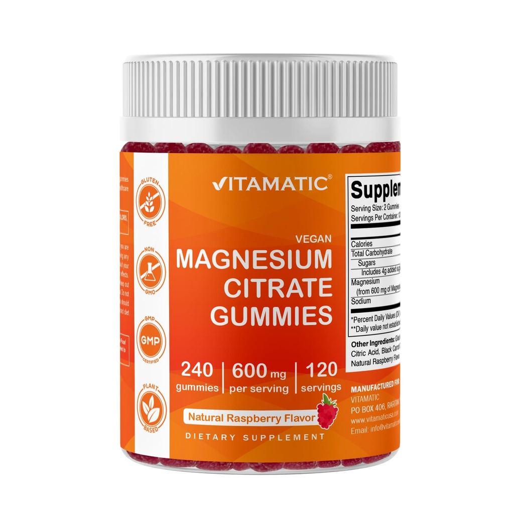 Vitamatic Magnesium Citrate Gummies 600mg por Serving - 240 Vegan Gummies - Natural Raspberry Flavor - High Absorption Magnesium Supplement - Supports Nerve, Bone and Muscle Health