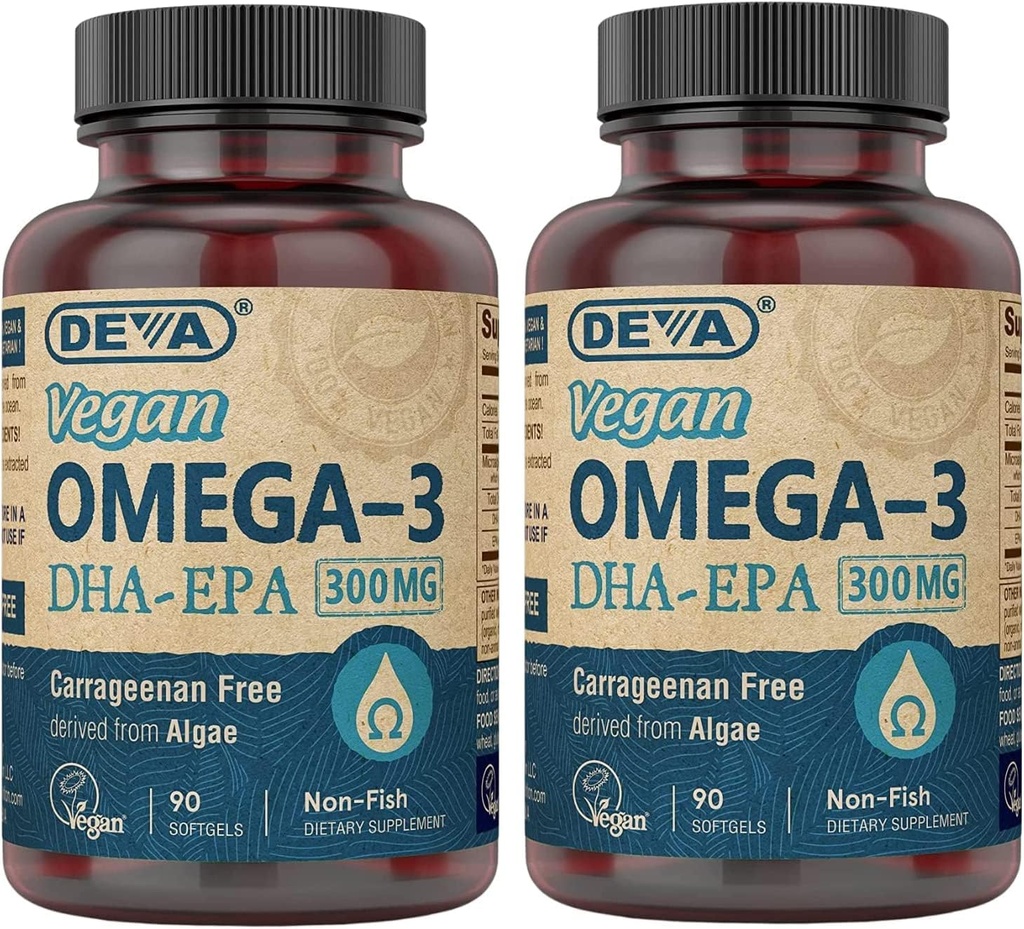 DEVA Vegan DHA-EPA Suplemento Nutricional, No-Fish Derived de Algae, 300 mg Potency, 90 Vegetarian Softgels - Pack de 2