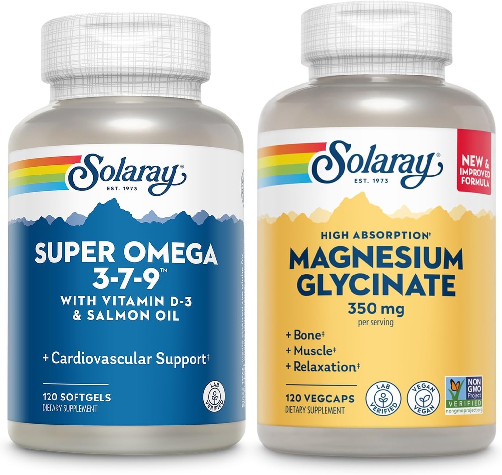 SOLARAY Super Omega 3, 7, 9 y Magnesium Glycinate Bundle - Acidos grasos esenciales y Magnesio Chelated Gisglycinate for Healthy Heart, Bones, and Relax Support - 120 Softgels, 275 VegCaps
