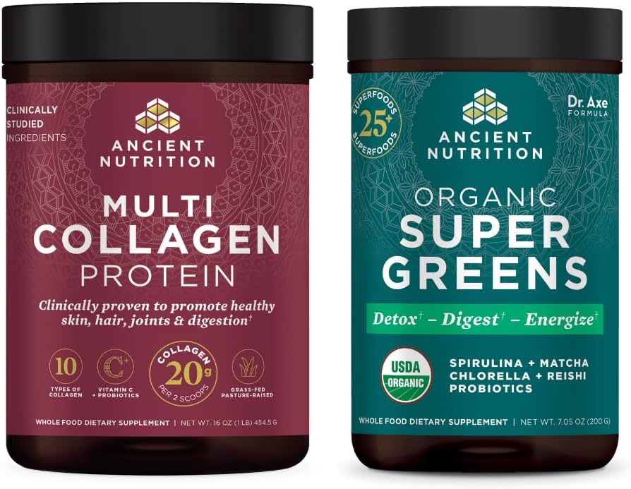 Antigua Nutrición Orgánica SuperGreens Polvo, 25 Serviciones + Multi Collagen Proteína Polvo, Desflavorado, 45 Servimientos