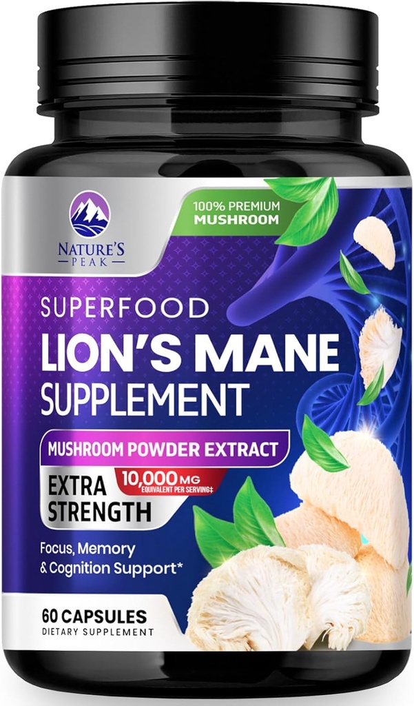 Lions Mane Mushroom Capsules 10,000mg - El suplemento Mane de León Capsules para la memoria y el apoyo en foco, Brain, Immune Health Support, Vegan, Bottled in USA, Lions Mane Mushroom Powder Extracto, 60 Conde