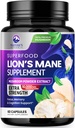 Lions Mane Mushroom Capsules 10,000mg - El suplemento Mane de León Capsules para la memoria y el apoyo en foco, Brain, Immune Health Support, Vegan, Bottled in USA, Lions Mane Mushroom Powder Extracto, 60 Conde