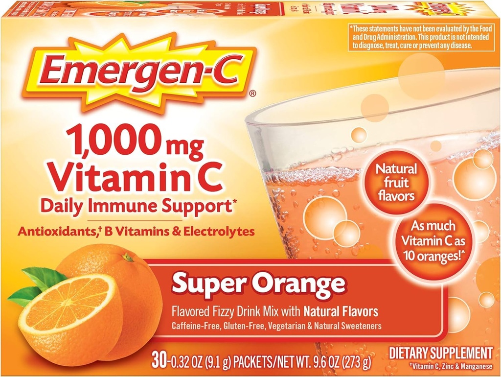 Emergen-C 1000mg Vitamina C Powder para soporte diario Caffeine Free Vitamina C Suplementos con zinc y manganés, Super Orange Flavor - 30 Cuenta