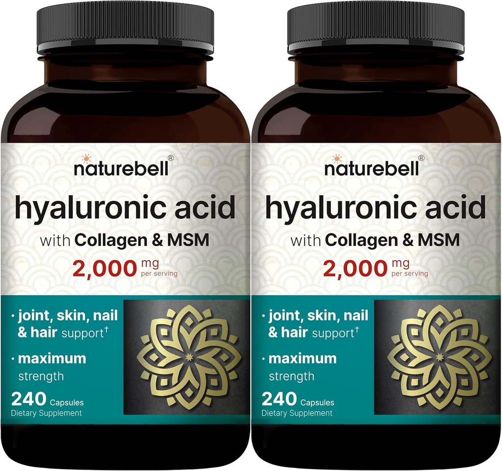 NatureBell 2 Pack Hialuronic Acid Suplementos 2000 mg TENIDO 480 cápsulas totales, con MSM " Collagen de Bovino Hidrolizado - 3 en 1 Apoyo para la hidratación de la piel, la lubricación conjunta, el cabello y la salud de los ojos