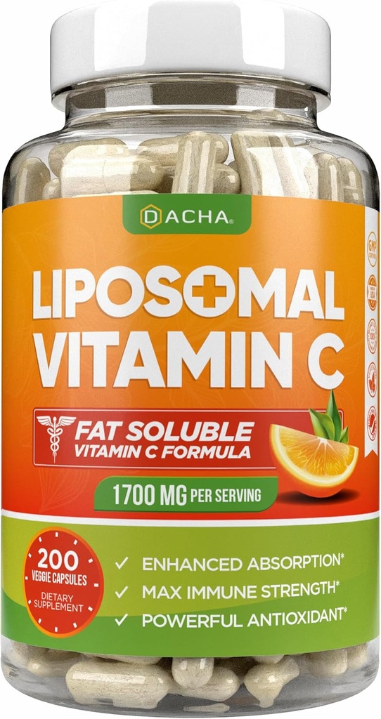 DACHA Vitamina Liposómica Natural C - 1700mg, 200 cápsulas, sistema inmunitario " Booster colágeno, alta absorción grasa Soluble VIT C, amortiguada, vitaminas de la piel, vegetariano, vegano