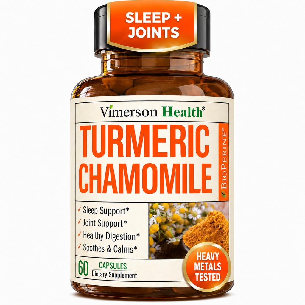 Turmeric Supplement & Chamomile Capsules for Sleep - Organic Turmeric Sleep Supplement with Chamomile Flowers Extract (Manzanilla) - Relaxation & Stress Support - Joint & Digestive Health. 60 Capsules