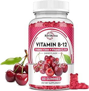 Vitamina B12 Gummies - 5000 mcg Methylcobalamin con hierro, vitamina C, D3 " Folate, Energy Support and Metabolism, Immune, B-12 Complex Chewable Suplemento para Hombres " Mujer, Vegan- 60 Conde