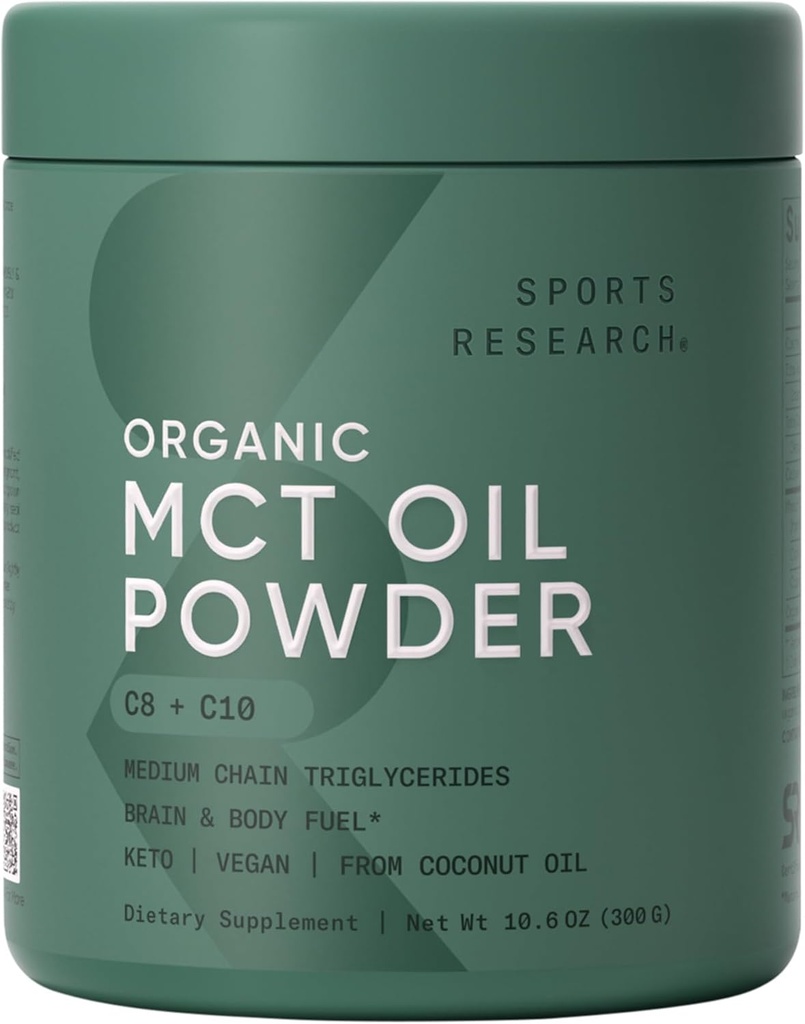 Sports Research Organic MCT Oil Powder - Keto & Vegan MCTs C8, C10 de Coconuts - Fatty Acid Brain & Body Fuel, Non-GMO & Gluten Free - Unflavored, Perfect in Coffee, Tea &amp; Protein Shakes - 10.6 oz