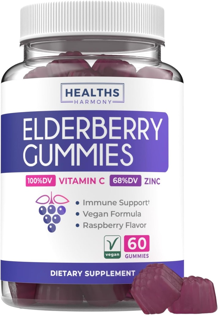 Gummies Vegan Sambucus Elderberry para adultos - Black Elderberry Vitamin C y Zinc Gummies para el bienestar diario y estacional - Delicioso y Nutritious Immune Support Gummy (1 Mes de Suministro)