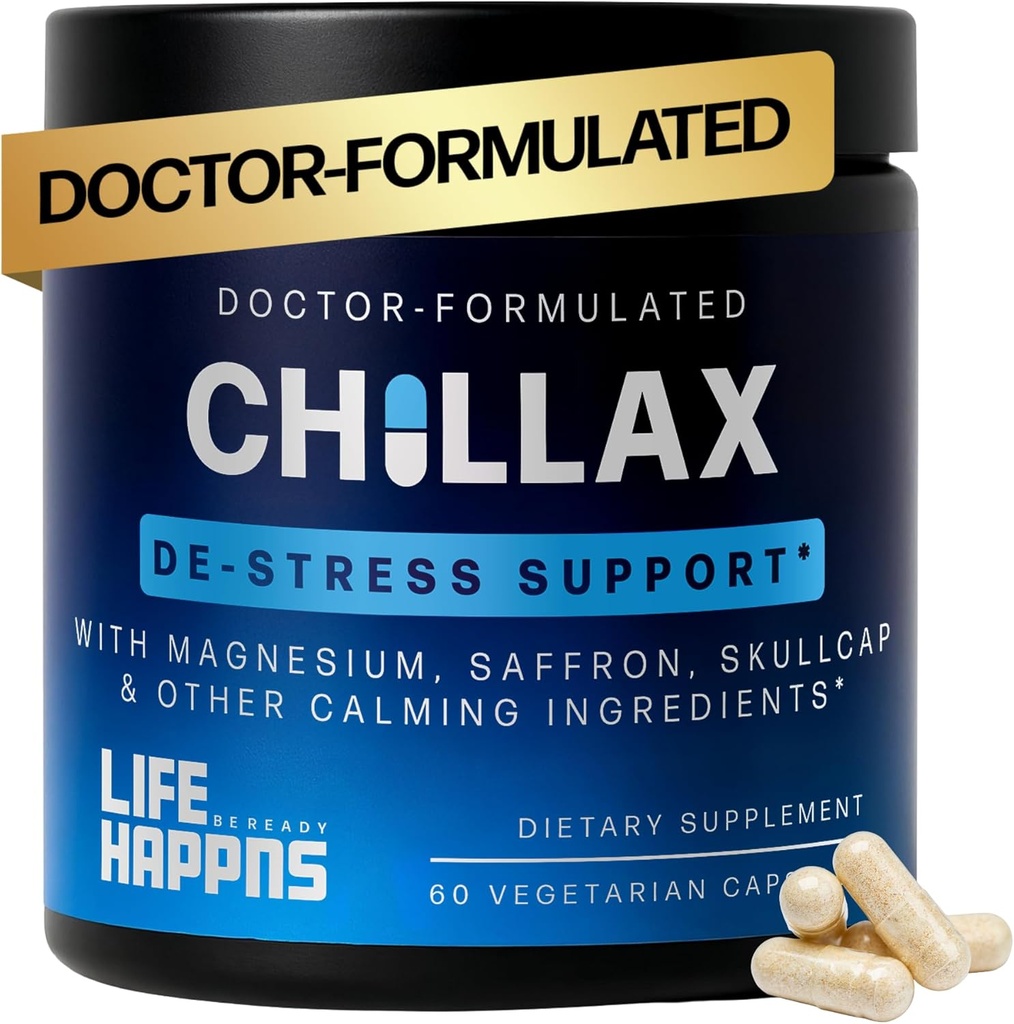 Life Happns Chillax, Suplemento de Apoyo a la Calma, L Theanine, Magnesium, GABA y Saffron Suplementos para la Relajación, Natural Mood Health Support for Adults, Calming and Relaxing, 60 cápsulas