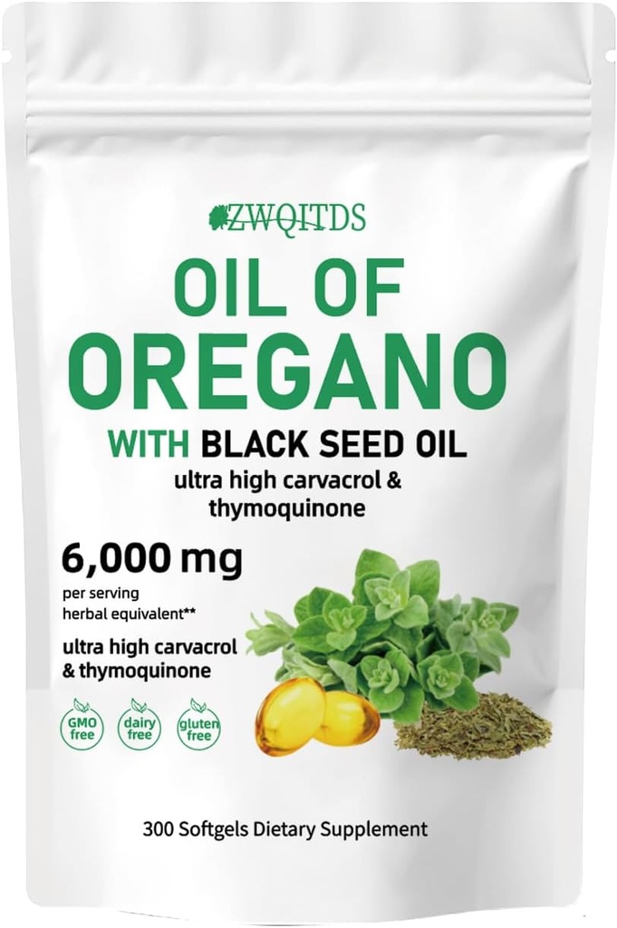 Óleo de orégano con aceite de semilla negra 2-en-1 Softgels 6000mg 300 Cuenta de apoyo no GMO Immune Herbal Fórmula