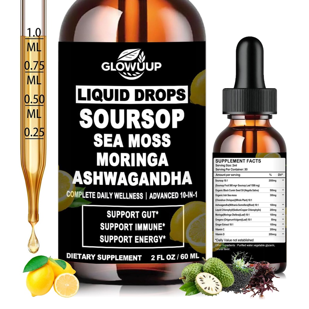 Soursop Bitters Liquid- Organic Soursop Drops for Energy, Skin, Immune & Gut Health, Soursop Leaves Extract 6X Absorption Than Capsule Gummies Powder, Green Superfood Supplement for Women & Men