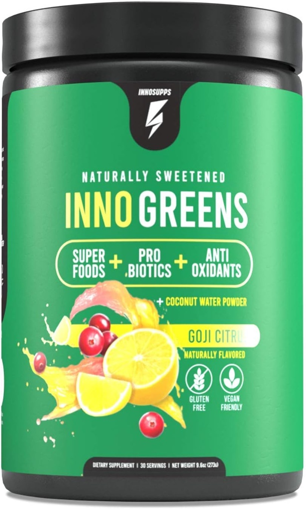 InnoSupps Inno Greens TEN 28+ Ecológicos Verdes &amp; Superalimentos TEN Avanzado Prebióticos + Probióticos TEN Super Antioxidante + Hidración ANTE Spirulina, Clorella, Ashwagandha - 30 Servings (Goji Citrus)