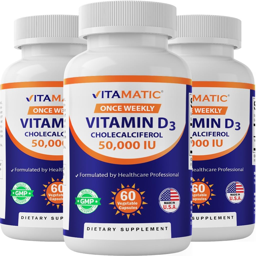Vitamatic 3 Pack Vitamina D3 50.000 UI (como Cholecalciferol), Una vez Dosis Semanal, 1250 mcg, 60 cápsulas de verduras 1 año de suministro, fórmula progresiva ayuda a las deficiencias de vitamina D