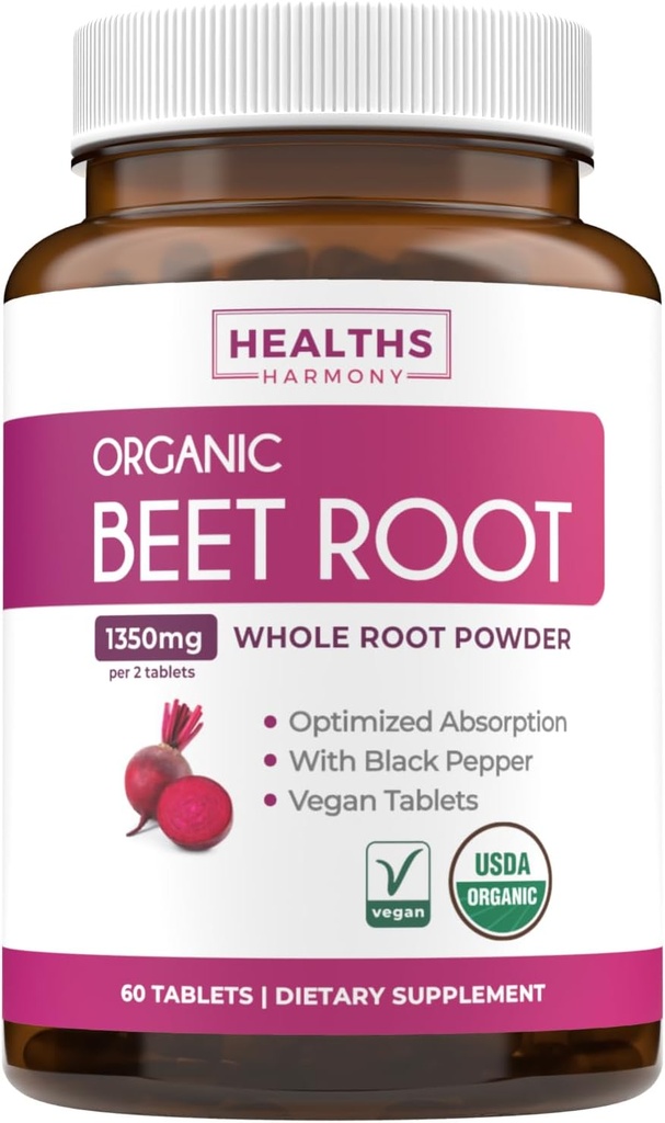 USDA Organic Beet Root Powder (60 Tablets) 1350mg Beets Por Serving with Black Pepper for Extra Absorption - Super Antioxidant and Nitrate Supplement for Athletic Performance and Stamina- No Capsules