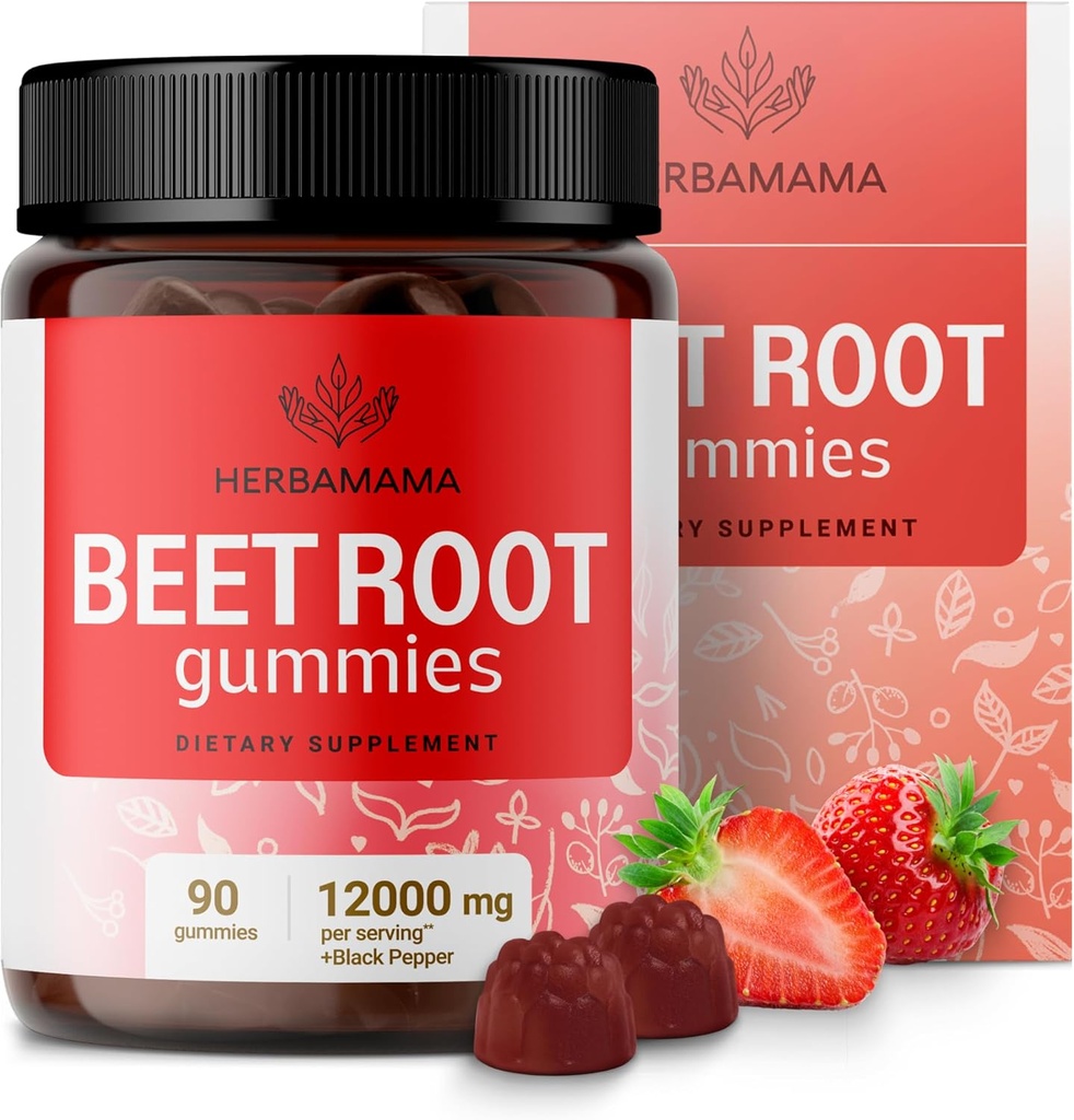 HerBAMAMA Beet Root Gummies - 12000mg Red Beets with Black Pepper Extract for General Support - Vegan, Non-GMO Antioxidant Suplemento - 90 Pectin-Based Strawberry-Flavored Chews