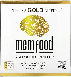 California Gold Nutrition MEM Food, Memory & Cognitive Support with MEM Blend, L-Serine, Organic Lion's Mane and Blueberry Juice Powder, 60 Packets, 0.3 oz (8.5 g) Cada uno